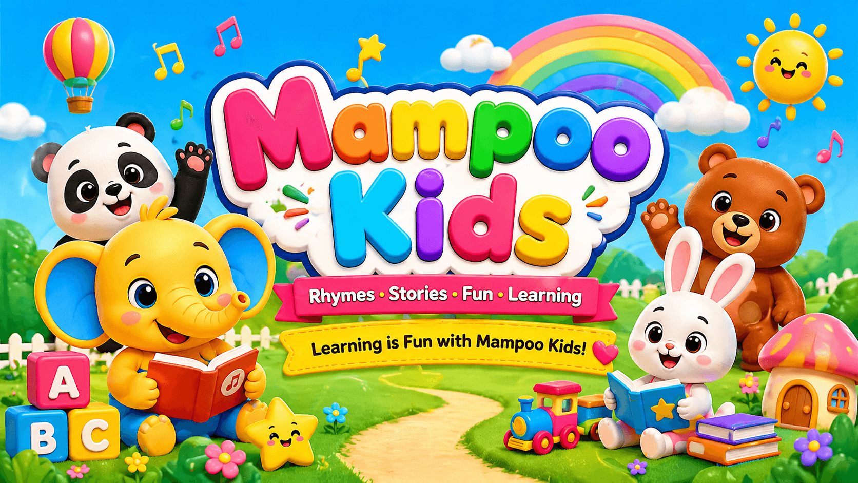 Mampoo Kids colorful animated characters, rainbow, songs, stories, fun, and learning